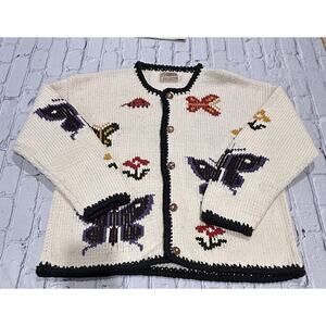 Vintage REV WEAR Butterfly Ladybug Knit Cardigan Sweater Sz M/ L Cotton Bolivia